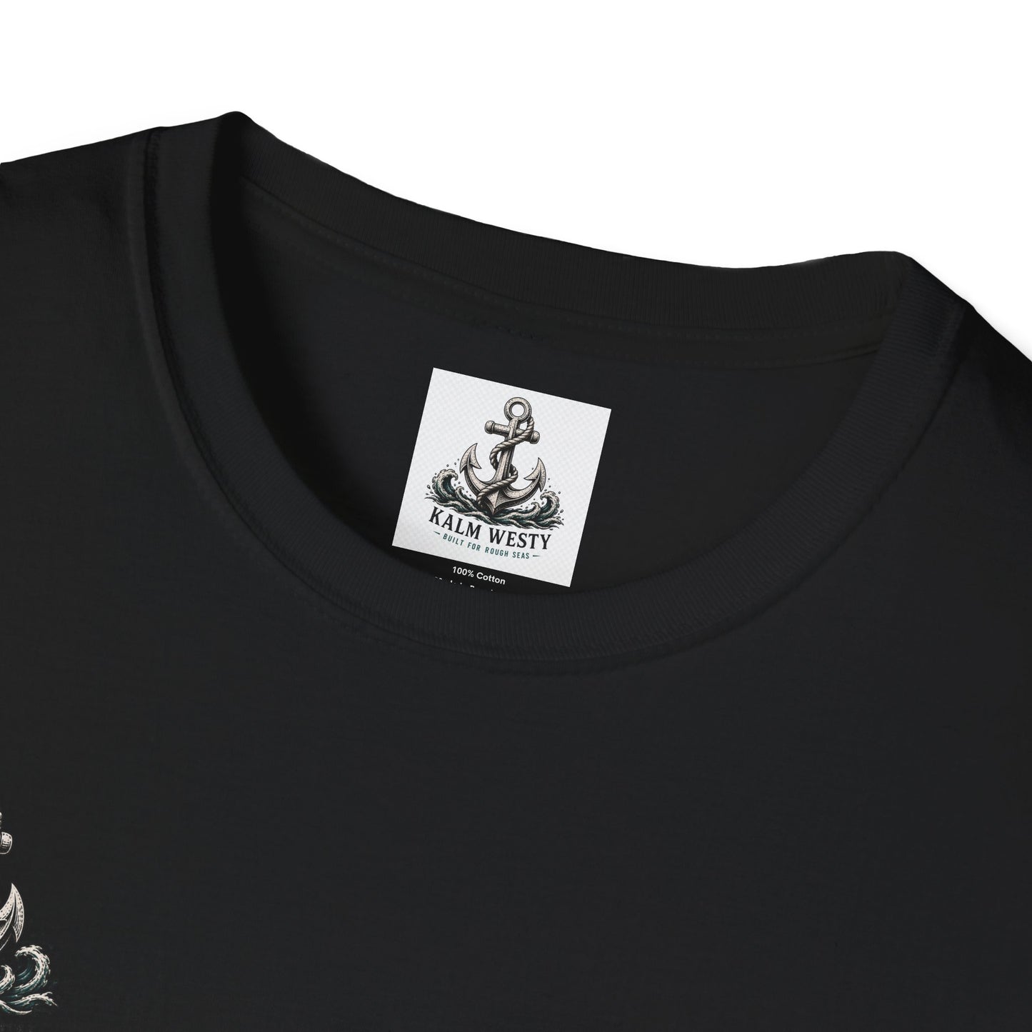 Close-up of Kalm Westy black cotton tee neckline showing anchor logo label and 100% cotton fabric detail.