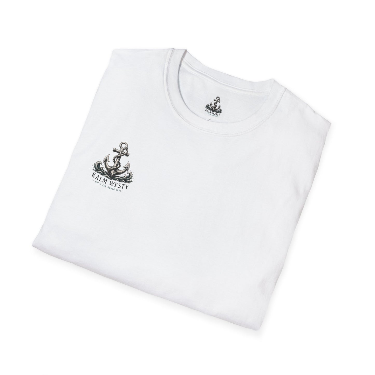 Folded white cotton t-shirt with a tattoo-style anchor and ocean wave chest logo, nautical themed apparel.