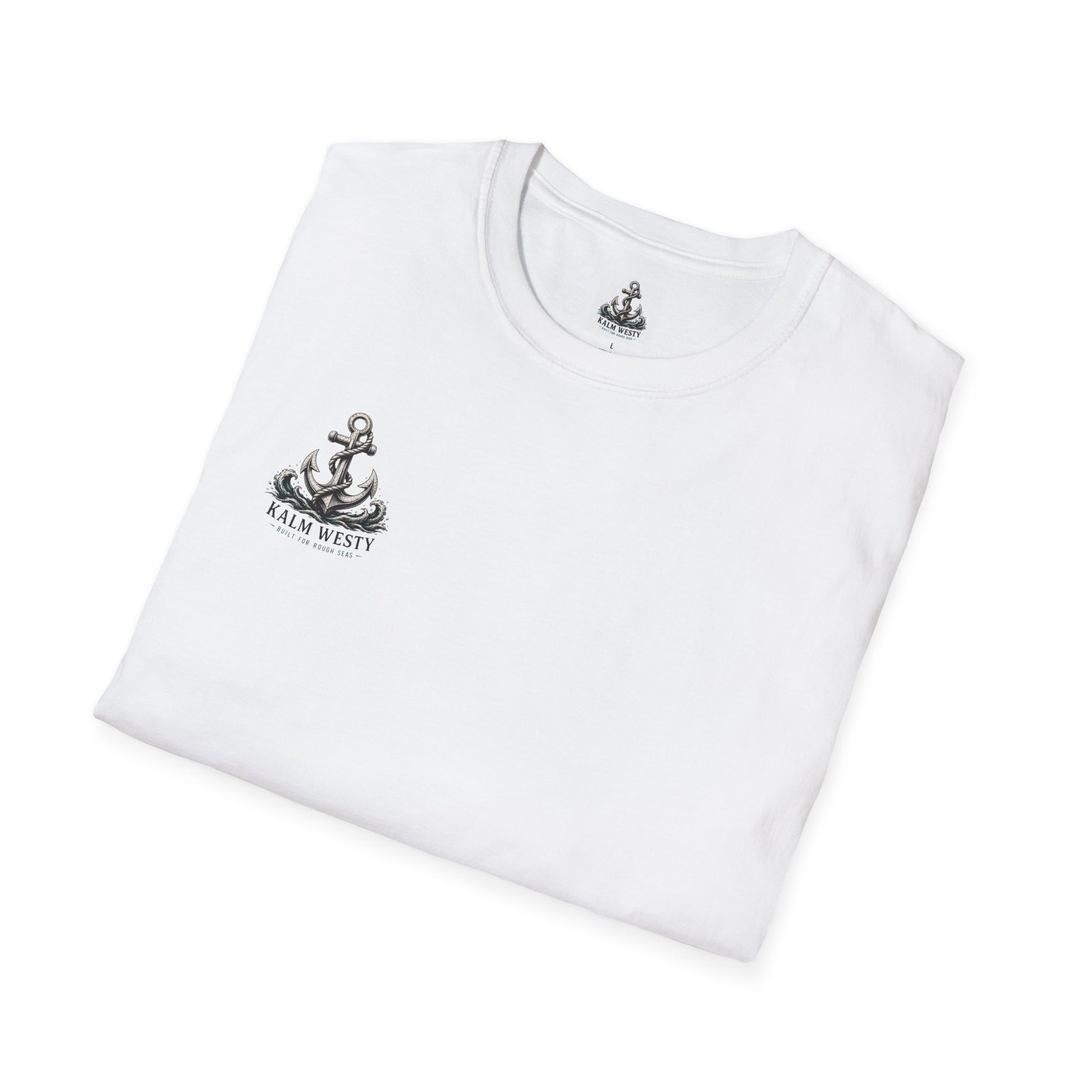 Folded white cotton t-shirt with a tattoo-style anchor and ocean wave chest logo, nautical themed apparel.