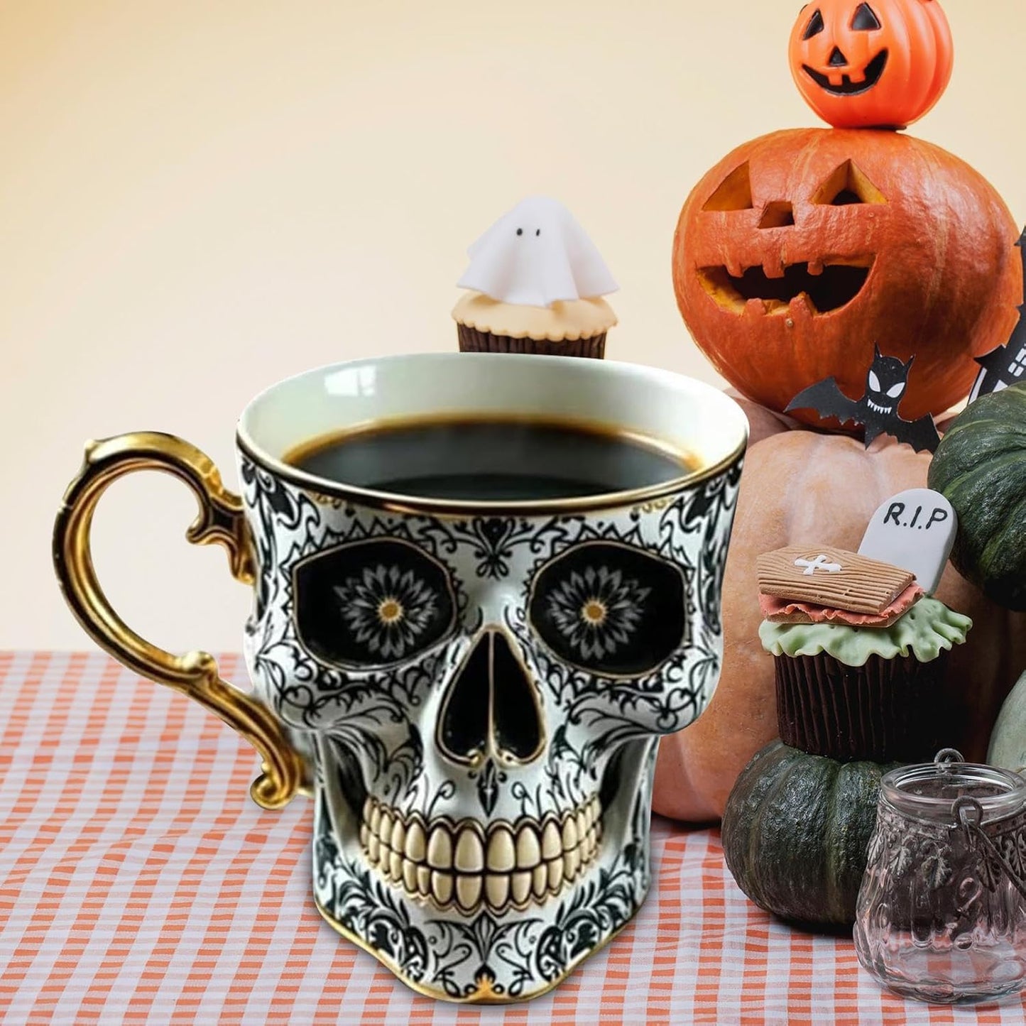 Skull Coffee Mug Halloween Resin Coffee Cup Skeleton Head Mug Street Fashion Drinkware Collectible Decoration Dark Art for Home Hotel Camping Dorm Apartment