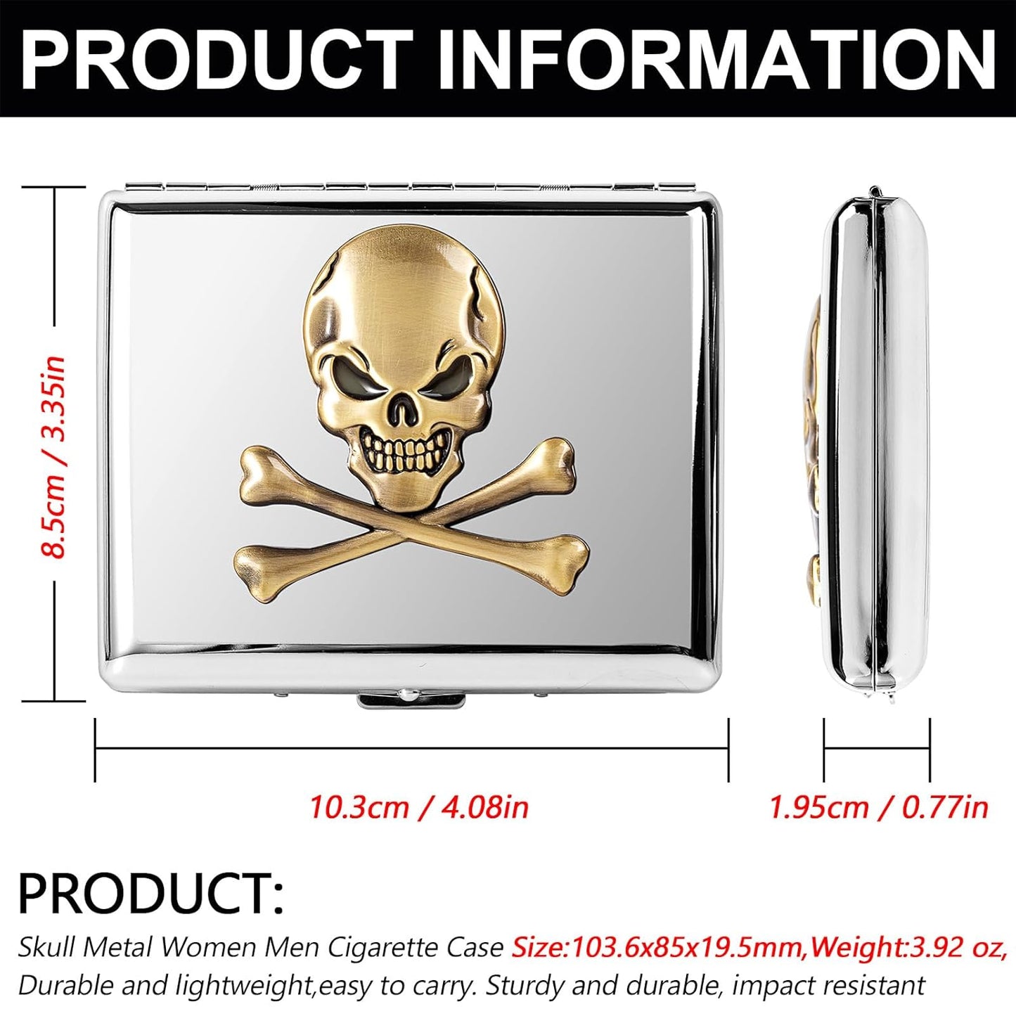 Classic Vintage Raised Skull Metal Women's Men's Portable Cigarette Case, Holds 18-20 100mm Cigarettes,RFID Credit Card Wallet (Skull Black)