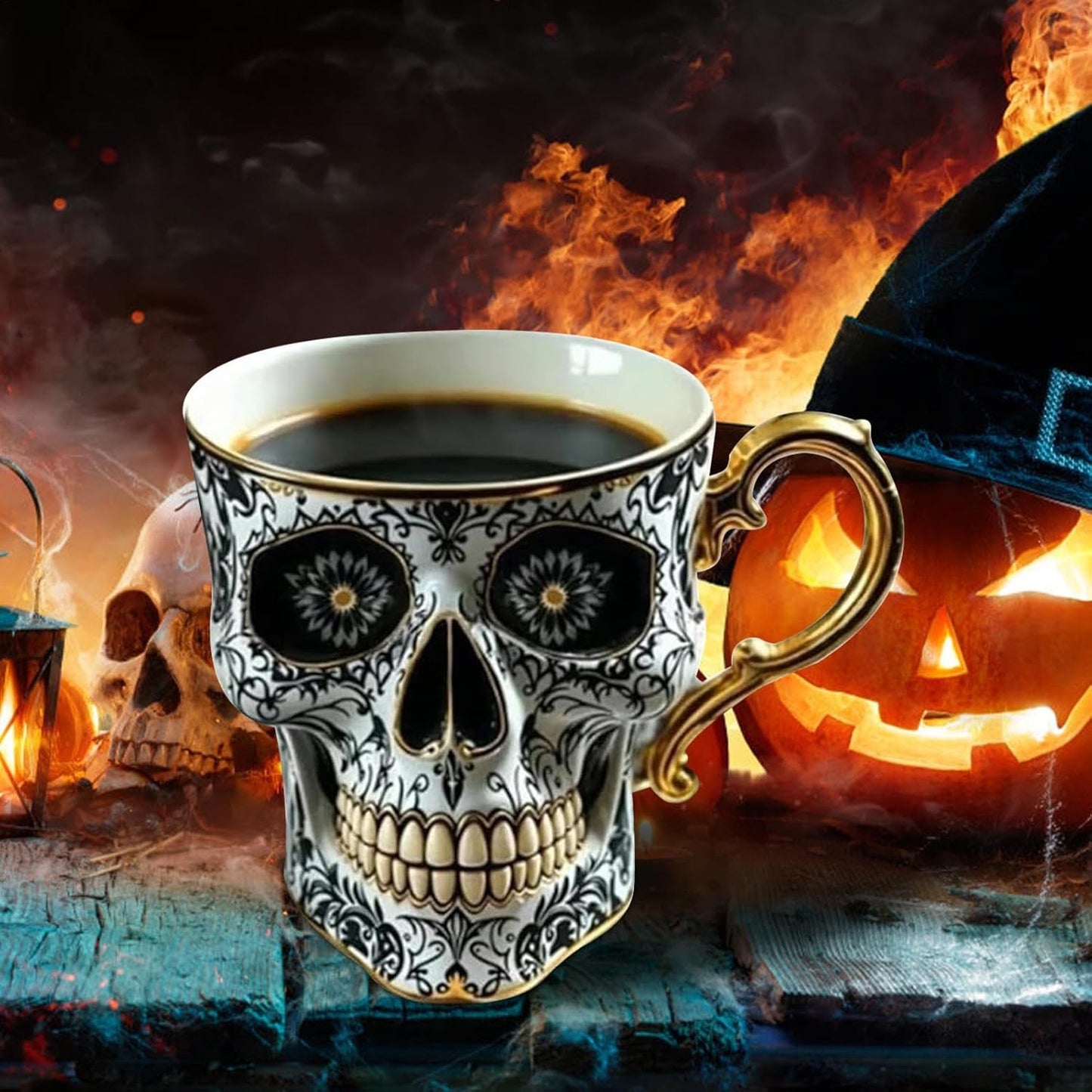 Skull Coffee Mug Halloween Resin Coffee Cup Skeleton Head Mug Street Fashion Drinkware Collectible Decoration Dark Art for Home Hotel Camping Dorm Apartment
