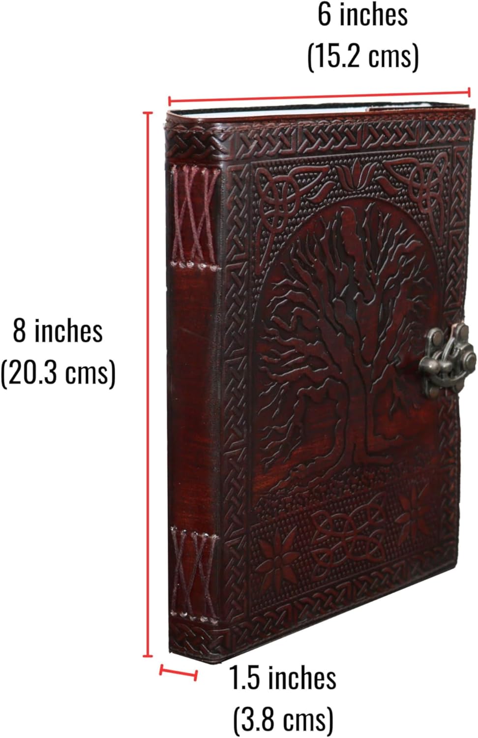 Jaald Tree of Life leather journal with dimensions: 8 inches height, 6 inches width, 1.5 inches depth