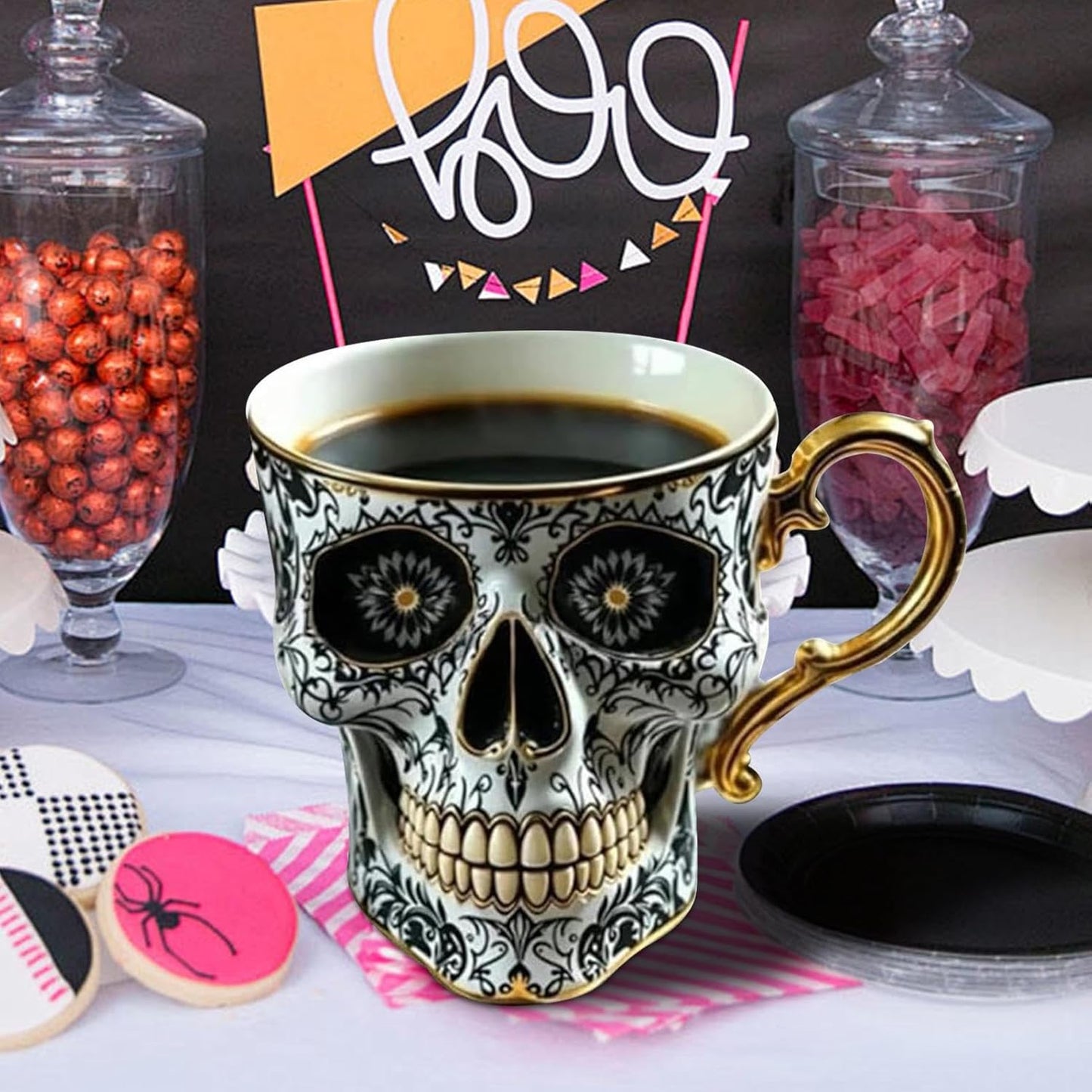 Skull Coffee Mug Halloween Resin Coffee Cup Skeleton Head Mug Street Fashion Drinkware Collectible Decoration Dark Art for Home Hotel Camping Dorm Apartment