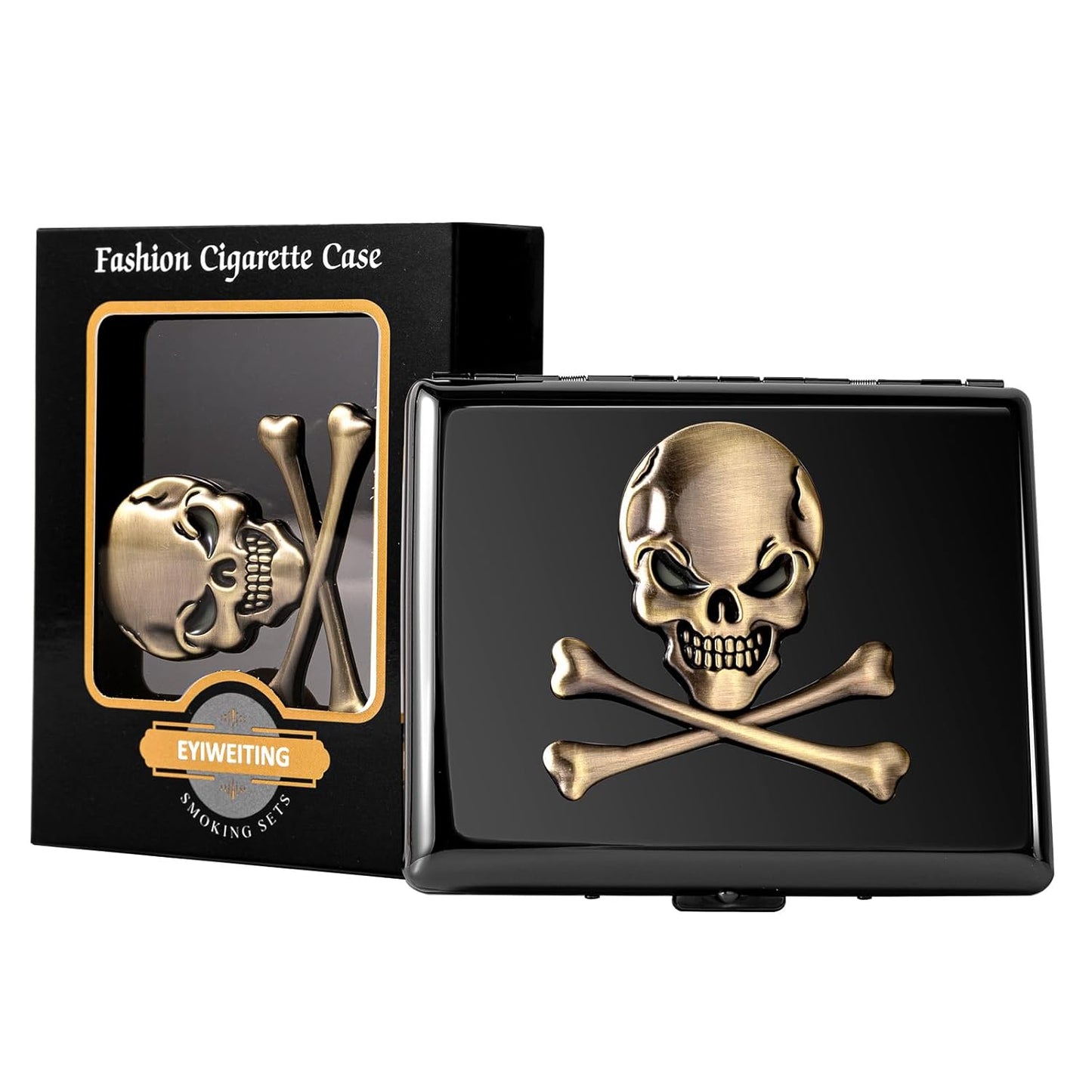 Classic Vintage Raised Skull Metal Women's Men's Portable Cigarette Case, Holds 18-20 100mm Cigarettes,RFID Credit Card Wallet (Skull Black)