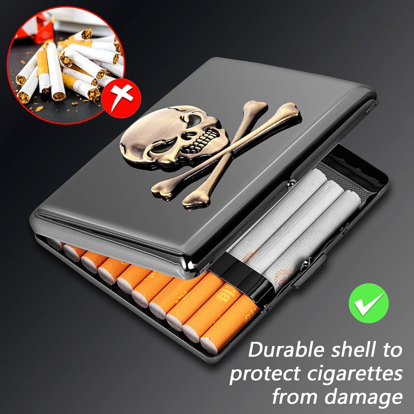 Classic Vintage Raised Skull Metal Women's Men's Portable Cigarette Case, Holds 18-20 100mm Cigarettes,RFID Credit Card Wallet (Skull Black)