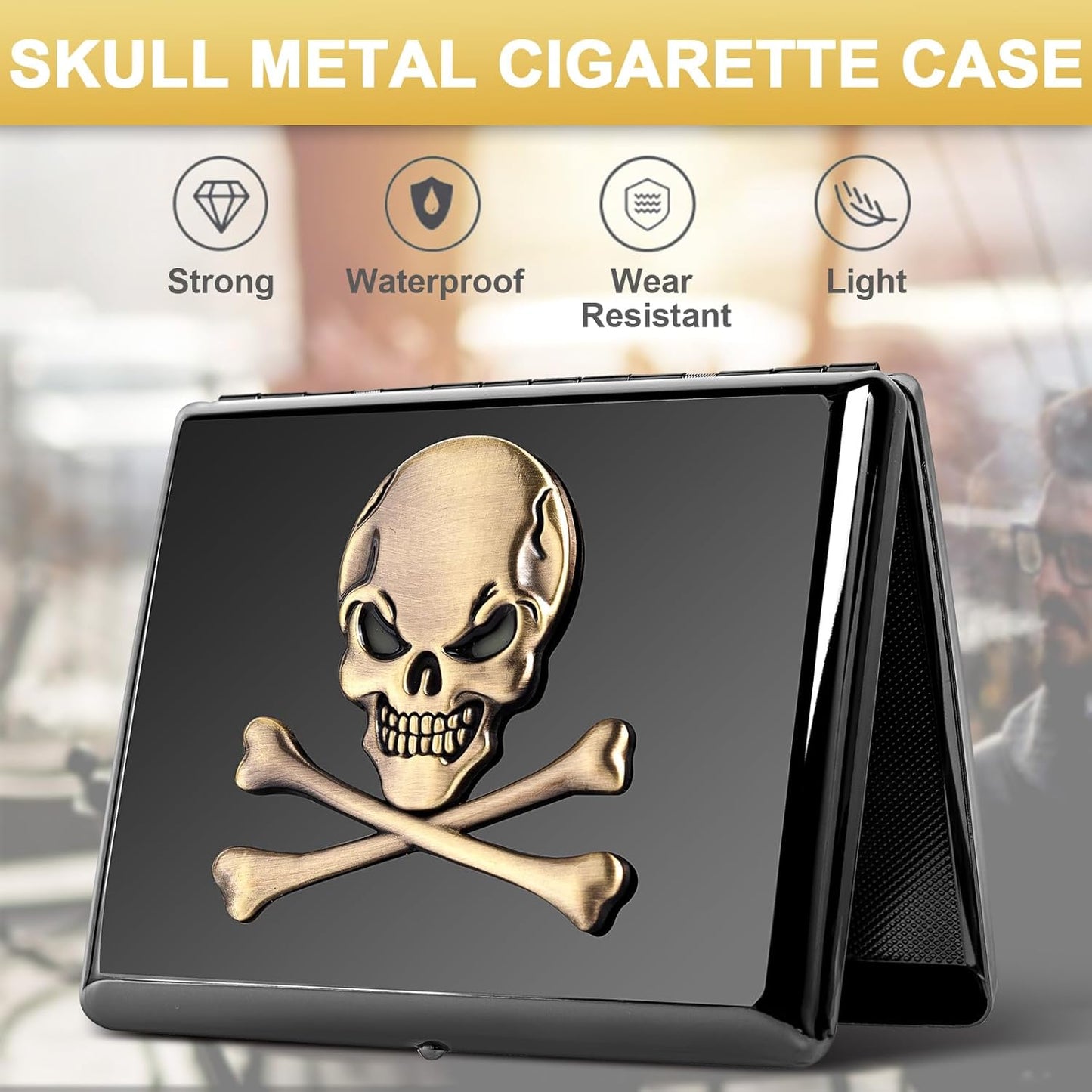 Classic Vintage Raised Skull Metal Women's Men's Portable Cigarette Case, Holds 18-20 100mm Cigarettes,RFID Credit Card Wallet (Skull Black)