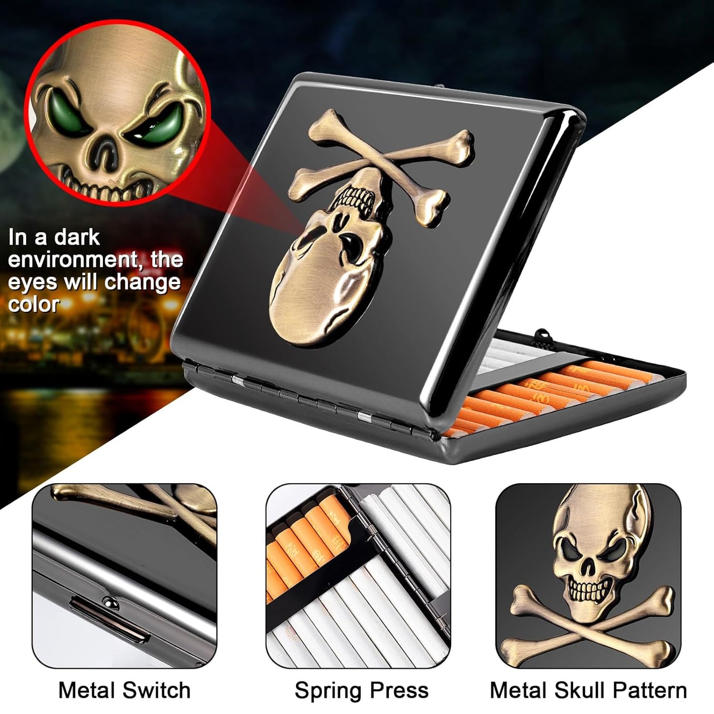 Classic Vintage Raised Skull Metal Women's Men's Portable Cigarette Case, Holds 18-20 100mm Cigarettes,RFID Credit Card Wallet (Skull Black)