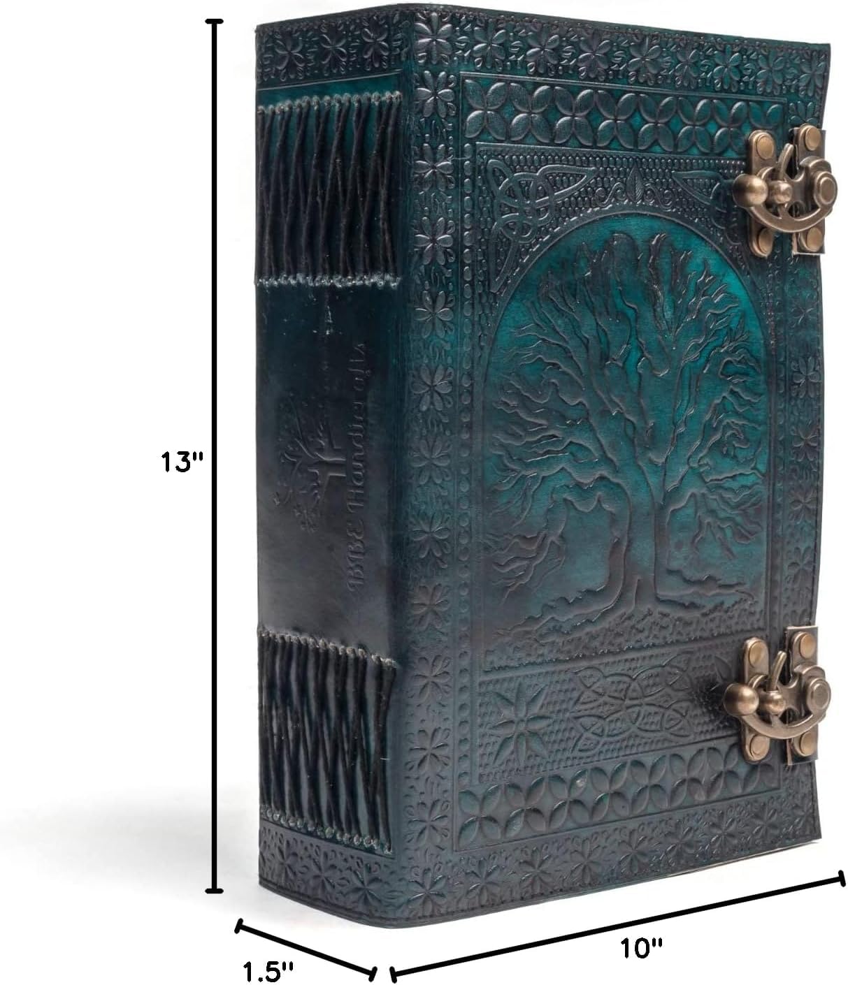 Embossed teal leather Tree of Life journal with metal clasps, measuring 10 inches tall and 1.5 inches thick.