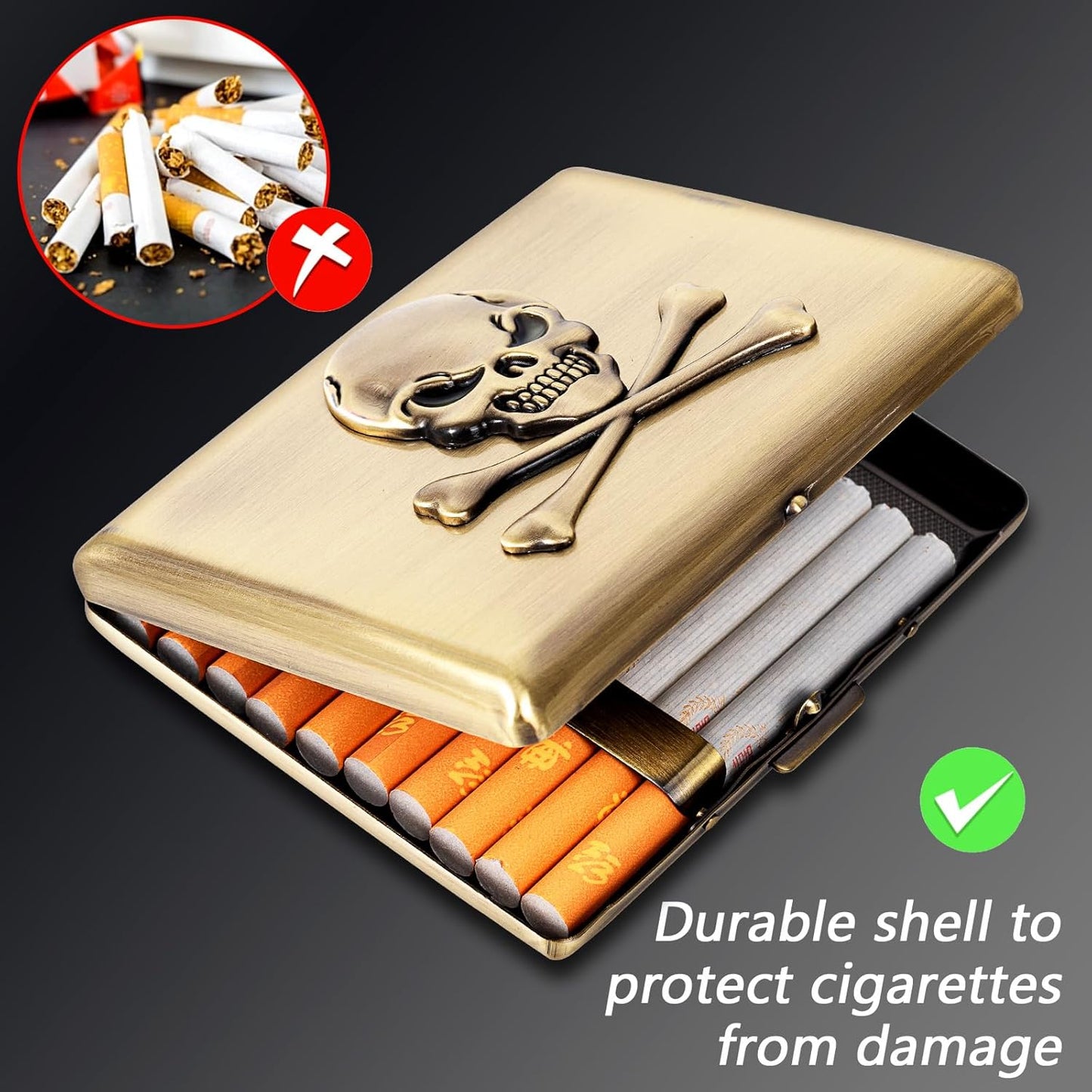Classic Vintage Raised Skull Metal Women's Men's Portable Cigarette Case, Holds 18-20 100mm Cigarettes,RFID Credit Card Wallet (Skull Black)