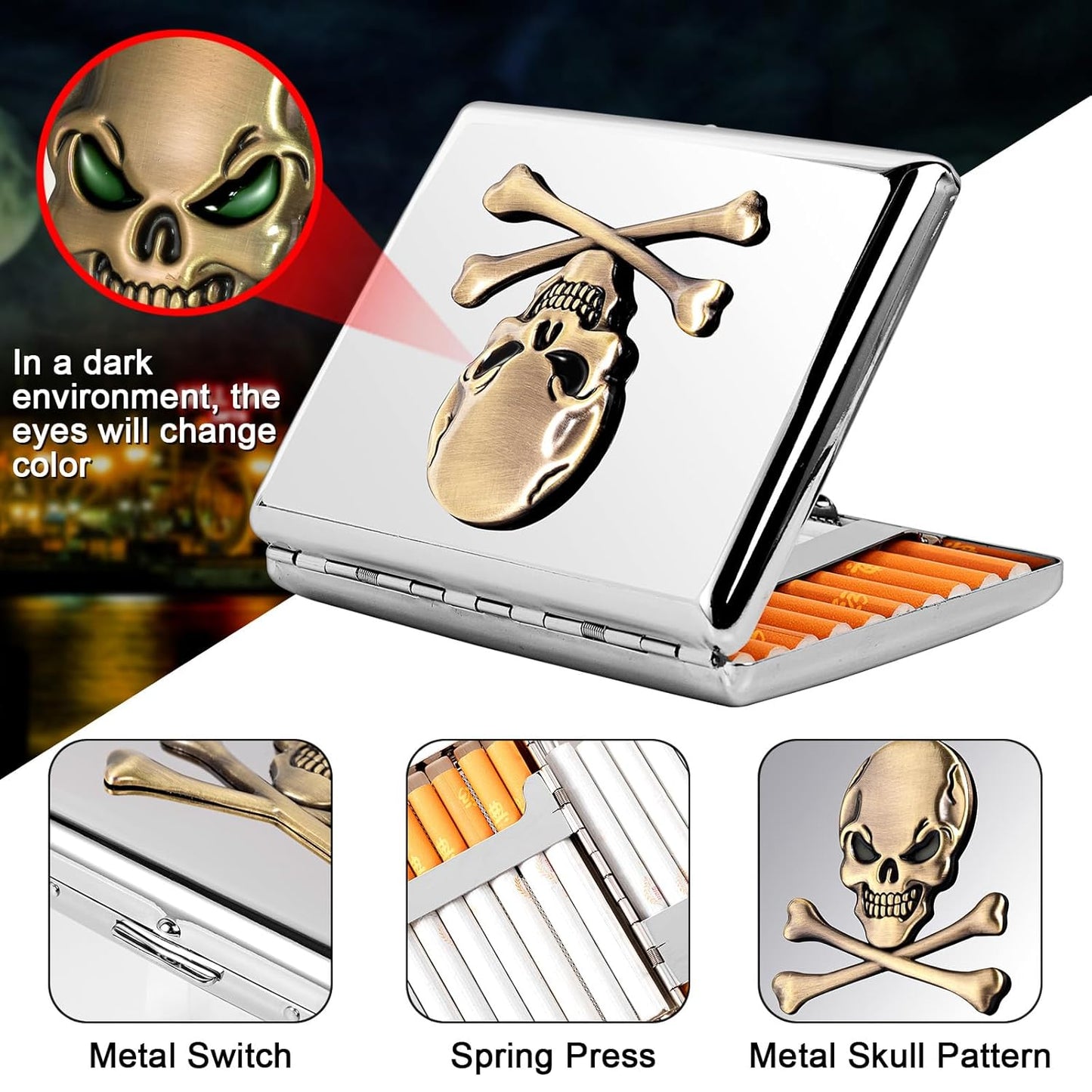 Classic Vintage Raised Skull Metal Women's Men's Portable Cigarette Case, Holds 18-20 100mm Cigarettes,RFID Credit Card Wallet (Skull Black)