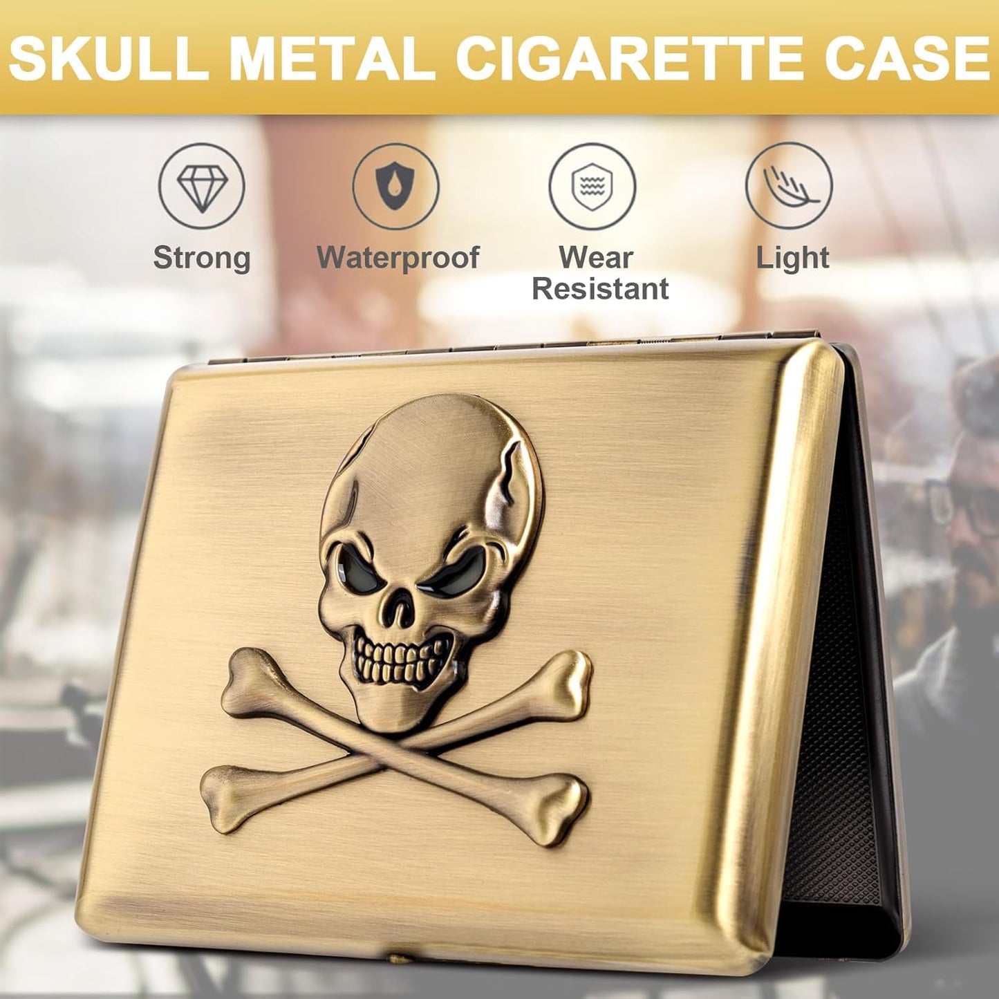Classic Vintage Raised Skull Metal Women's Men's Portable Cigarette Case, Holds 18-20 100mm Cigarettes,RFID Credit Card Wallet (Skull Black)