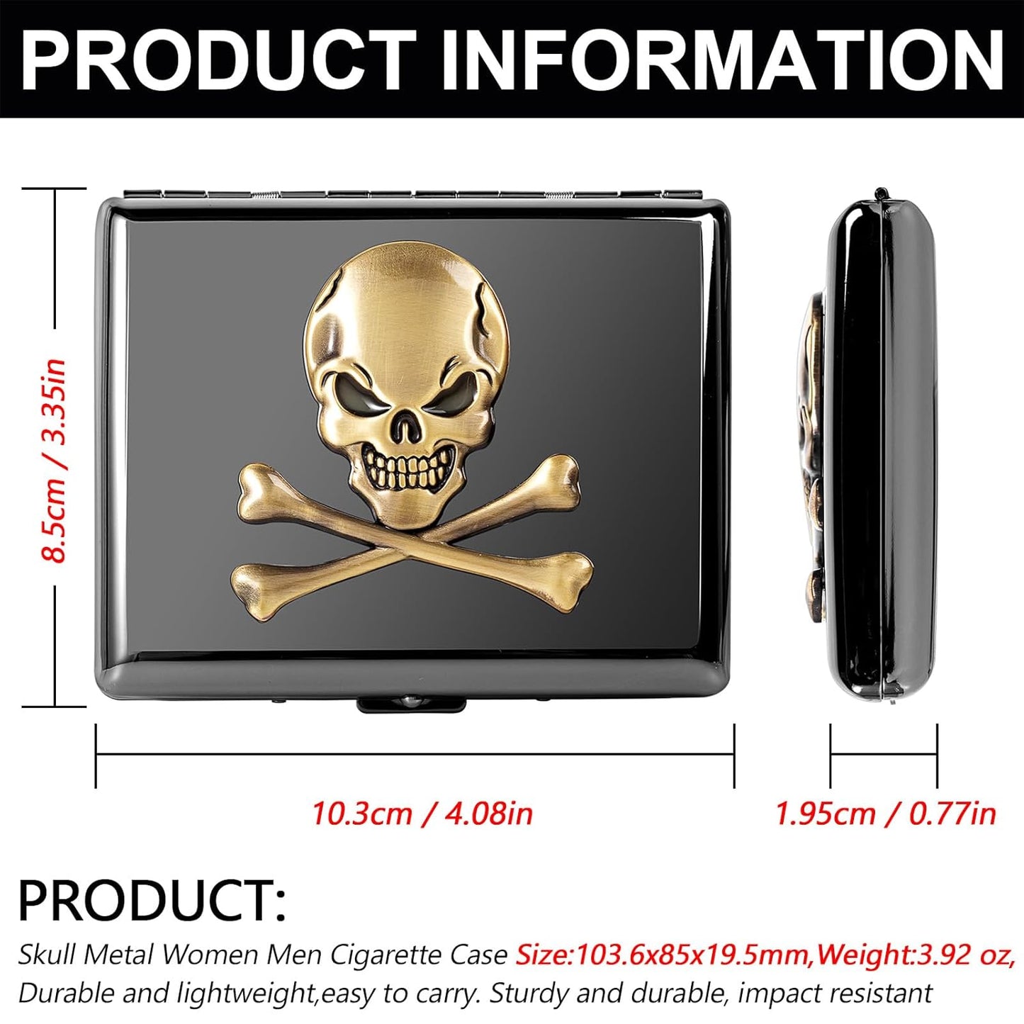 Classic Vintage Raised Skull Metal Women's Men's Portable Cigarette Case, Holds 18-20 100mm Cigarettes,RFID Credit Card Wallet (Skull Black)