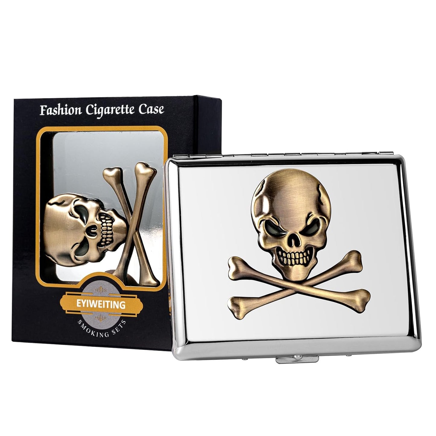 Classic Vintage Raised Skull Metal Women's Men's Portable Cigarette Case, Holds 18-20 100mm Cigarettes,RFID Credit Card Wallet (Skull Black)