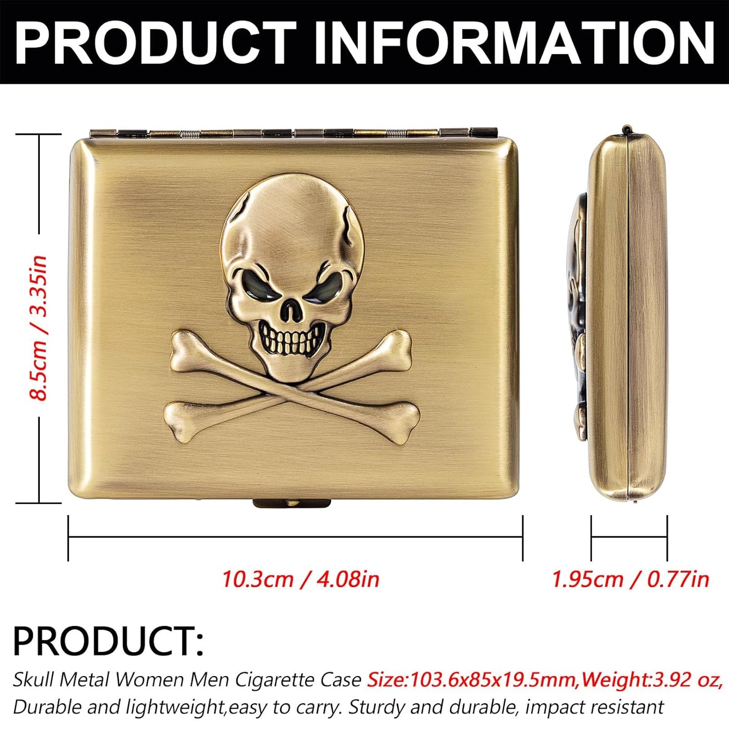 Classic Vintage Raised Skull Metal Women's Men's Portable Cigarette Case, Holds 18-20 100mm Cigarettes,RFID Credit Card Wallet (Skull Black)