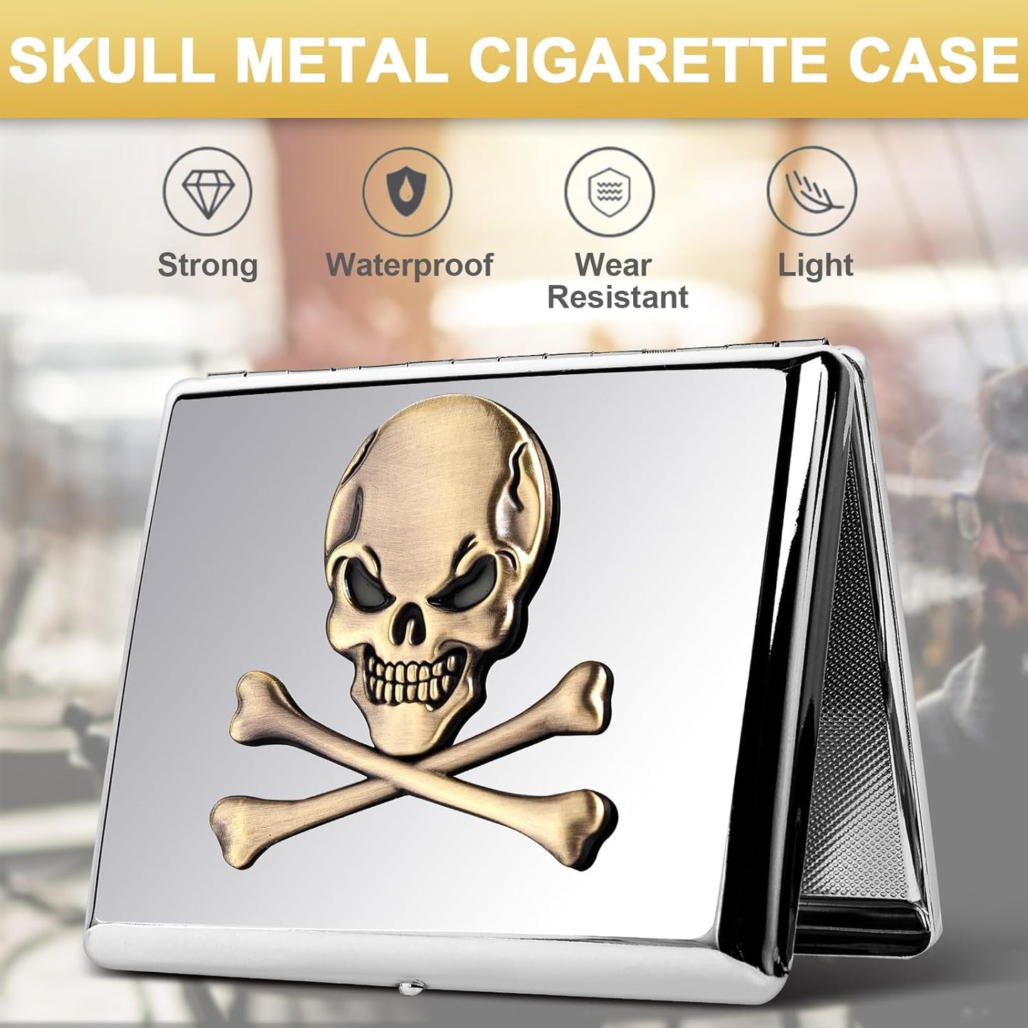 Classic Vintage Raised Skull Metal Women's Men's Portable Cigarette Case, Holds 18-20 100mm Cigarettes,RFID Credit Card Wallet (Skull Black)