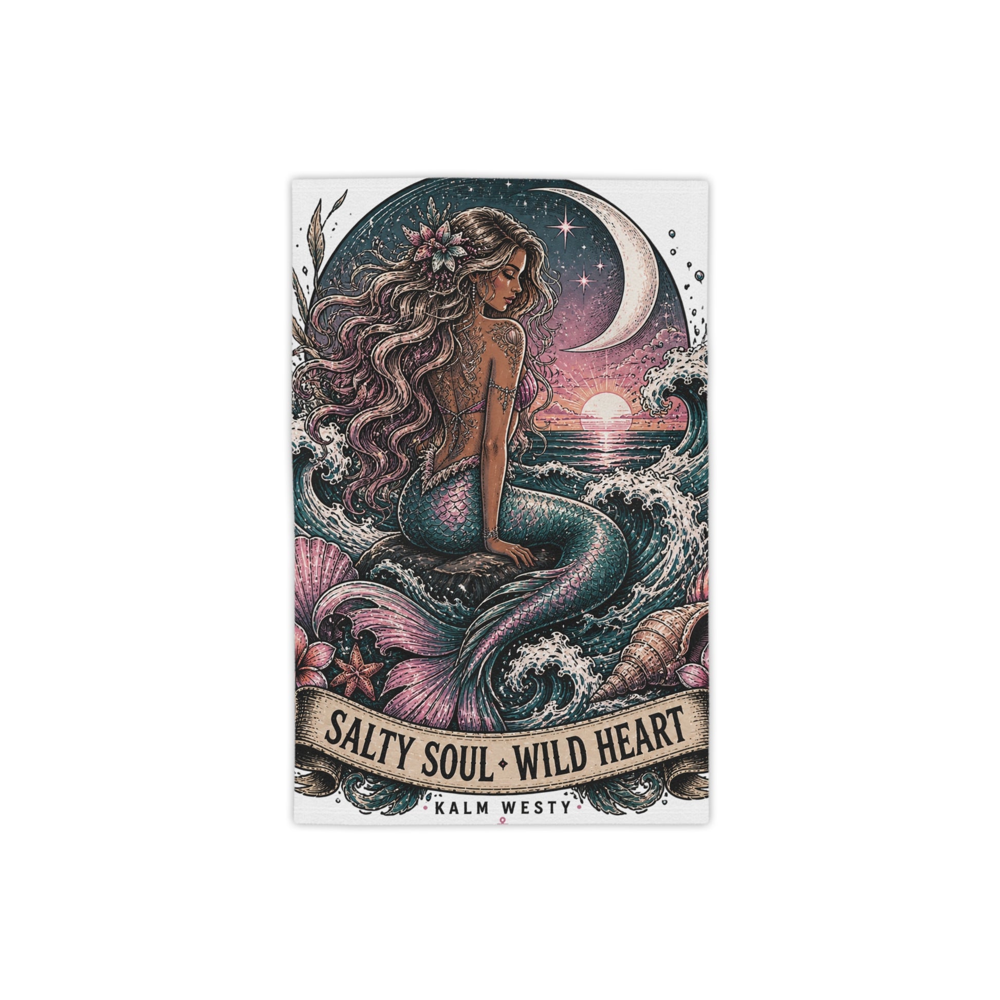 Vintage mermaid beach towel with sunset ocean scene, crescent moon, and 'Salty Soul Wild Heart' banner text.