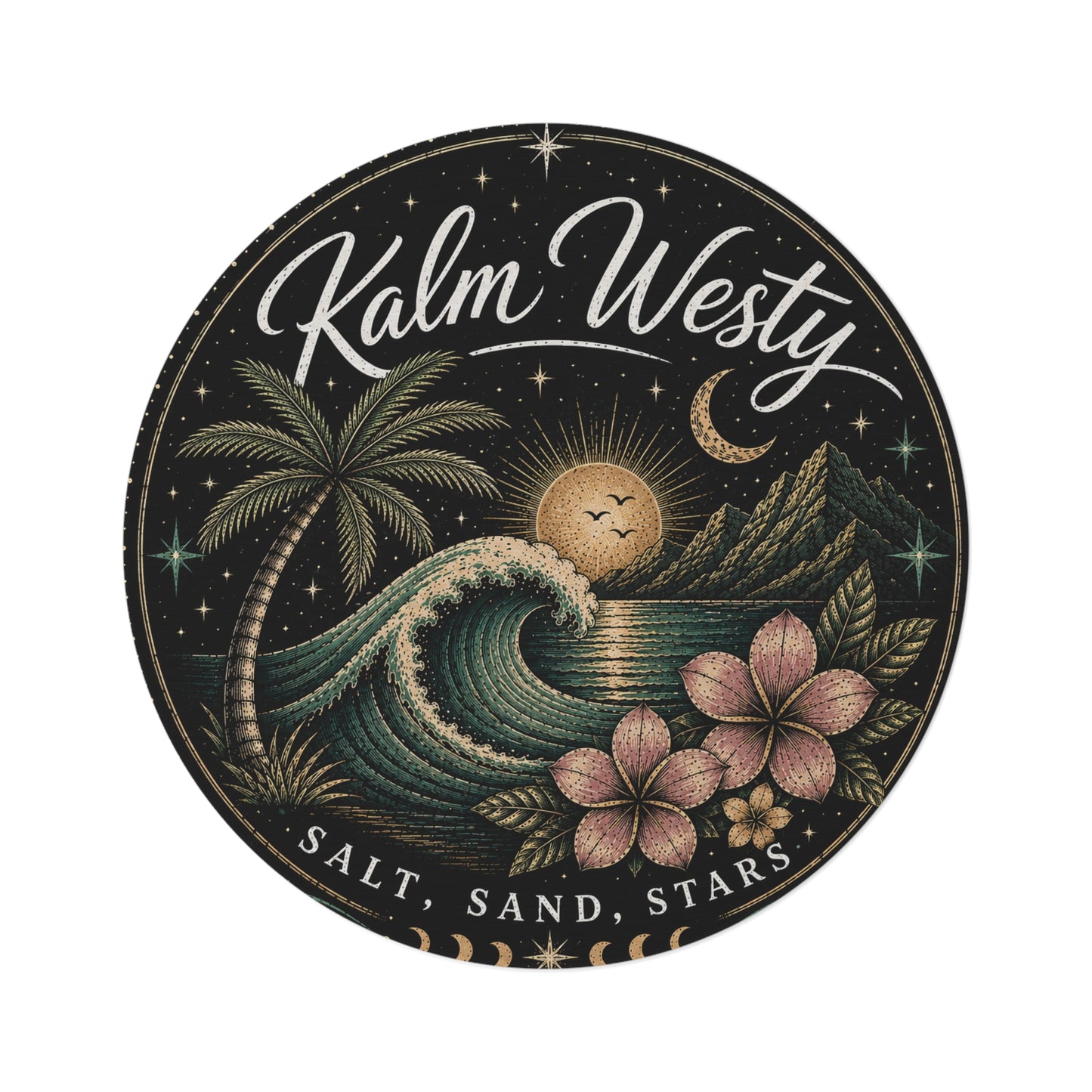 Kalm Westy Round Rug – Tropical Beach Waves Sunset Decor (Salt, Sand, Stars)
