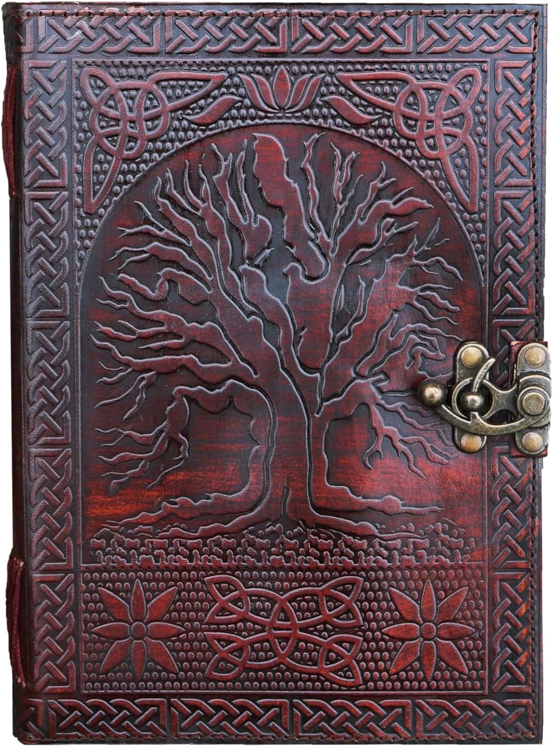 Handmade Jaald leather journal with embossed Tree of Life design, Celtic knot borders, and an antique brass C-hook clasp.