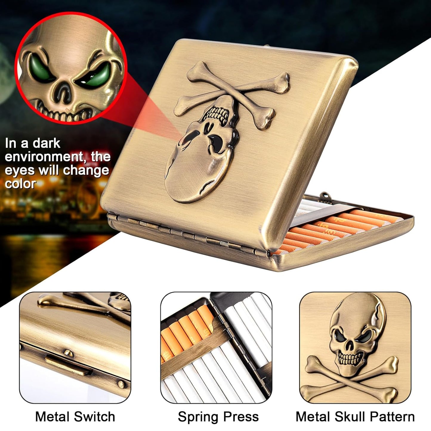 Classic Vintage Raised Skull Metal Women's Men's Portable Cigarette Case, Holds 18-20 100mm Cigarettes,RFID Credit Card Wallet (Skull Black)