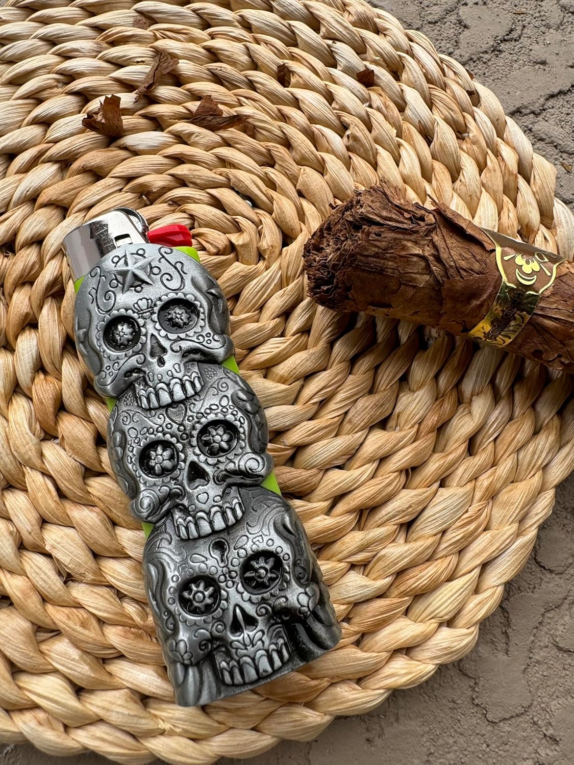 Three Skull Face Skeleton Metal Lighter Case Cover Holder fits BIC Full Standard Size Lighter J6