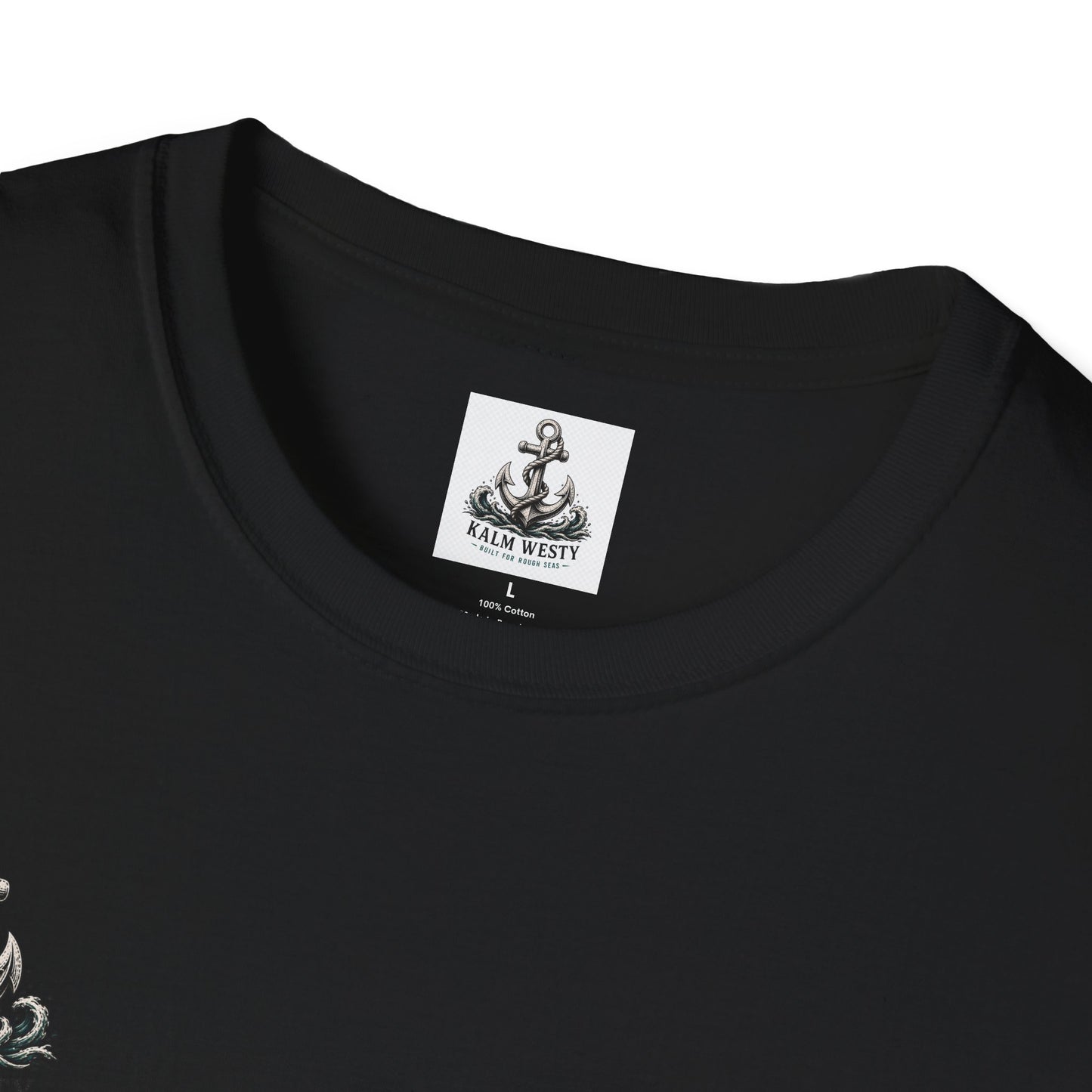 Close-up of the black 'Face The Storm' nautical t-shirt showing the woven neck tag with an anchor logo and 'KALM WESTY' branding. It also indicates size 'L' and '100% Cotton'.