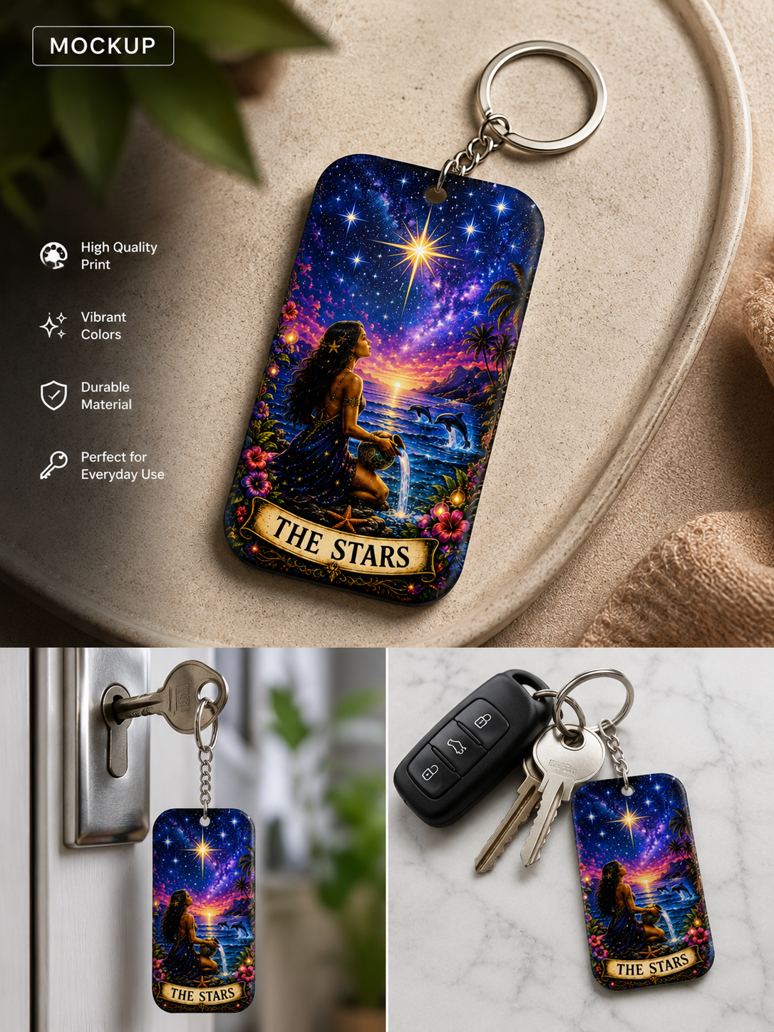 Double-Sided Keychain — Tarot-Inspired 'The Tide' & 'The Stars' Charm