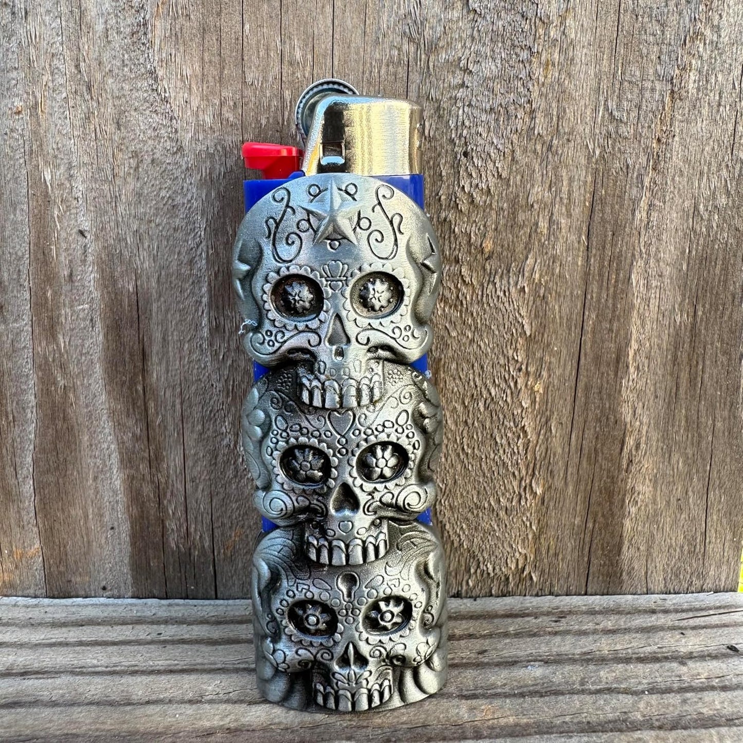 Three Skull Face Skeleton Metal Lighter Case Cover Holder fits BIC Full Standard Size Lighter J6