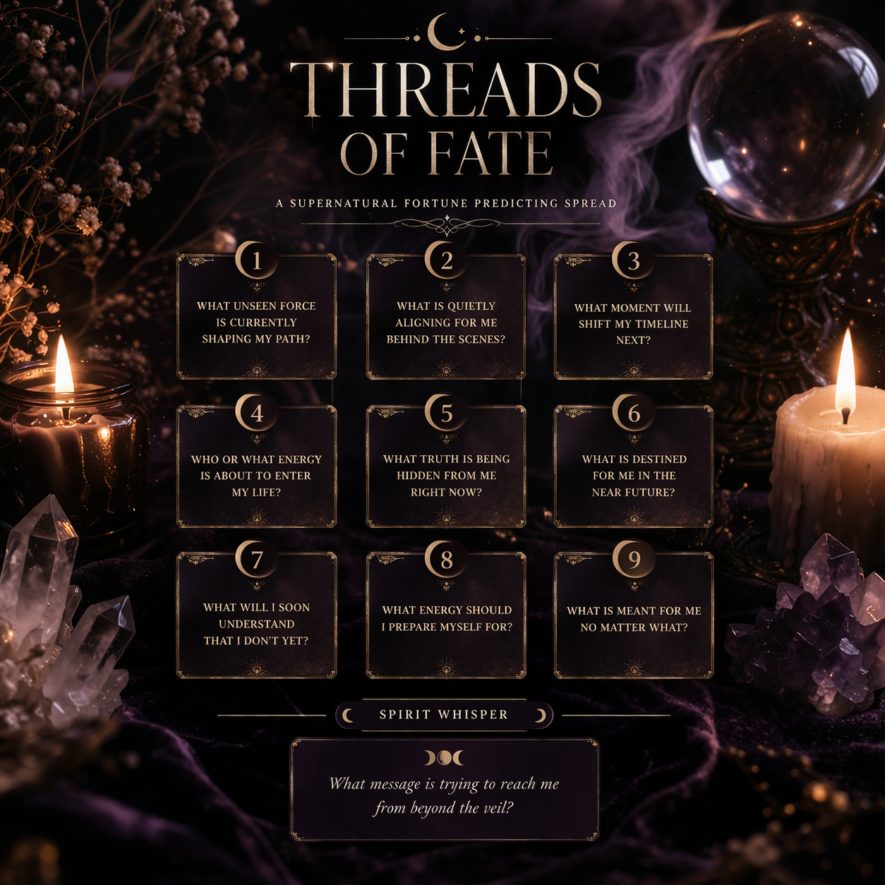✧ Threads of Fate ✧ Tarot Reading.  A powerful, intuitive reading designed to reveal what’s unfolding behind the scenes… and where your path is truly leading.

Feeling uncertain, stuck, or like something is shifting but you can’t quite see how?