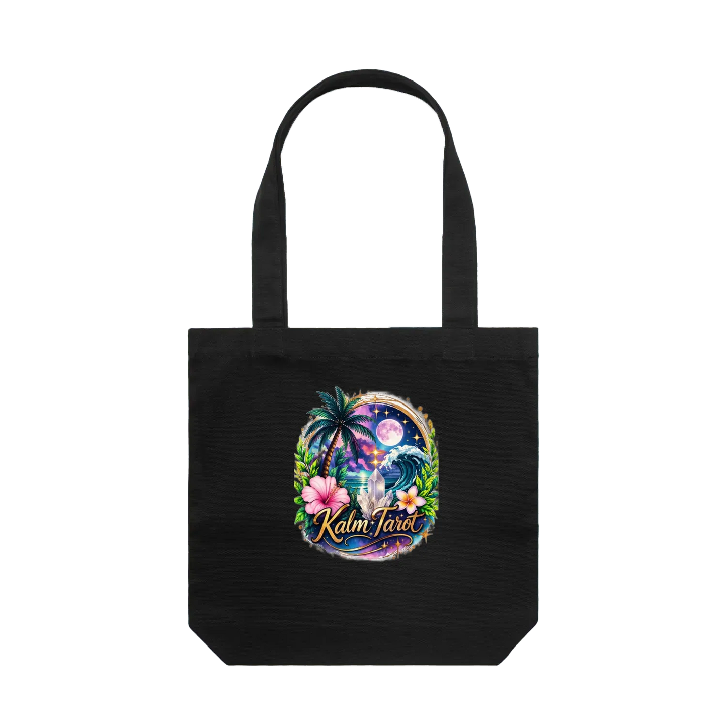Kalm Tarot black canvas tote bag with tropical moon, palm tree and hibiscus floral graphic art print.