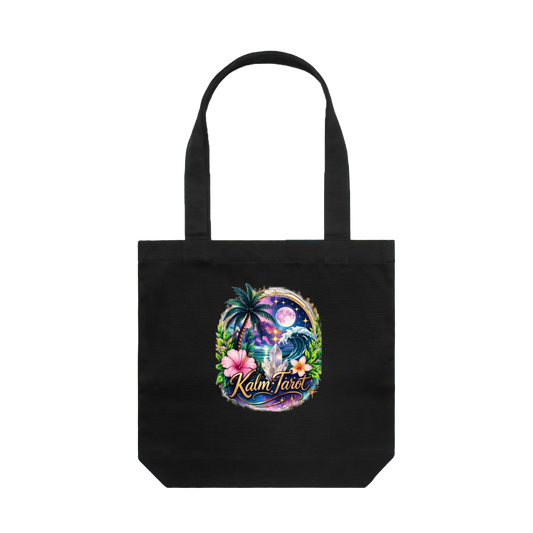 Kalm Tarot black canvas tote bag with tropical moon, palm tree and hibiscus floral graphic art print.