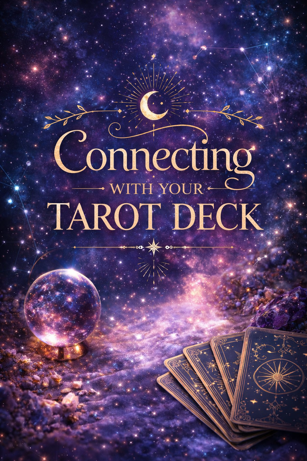 Connecting With Your Tarot Deck printable 7-card interview spread guide with cosmic crystal ball and celestial background.