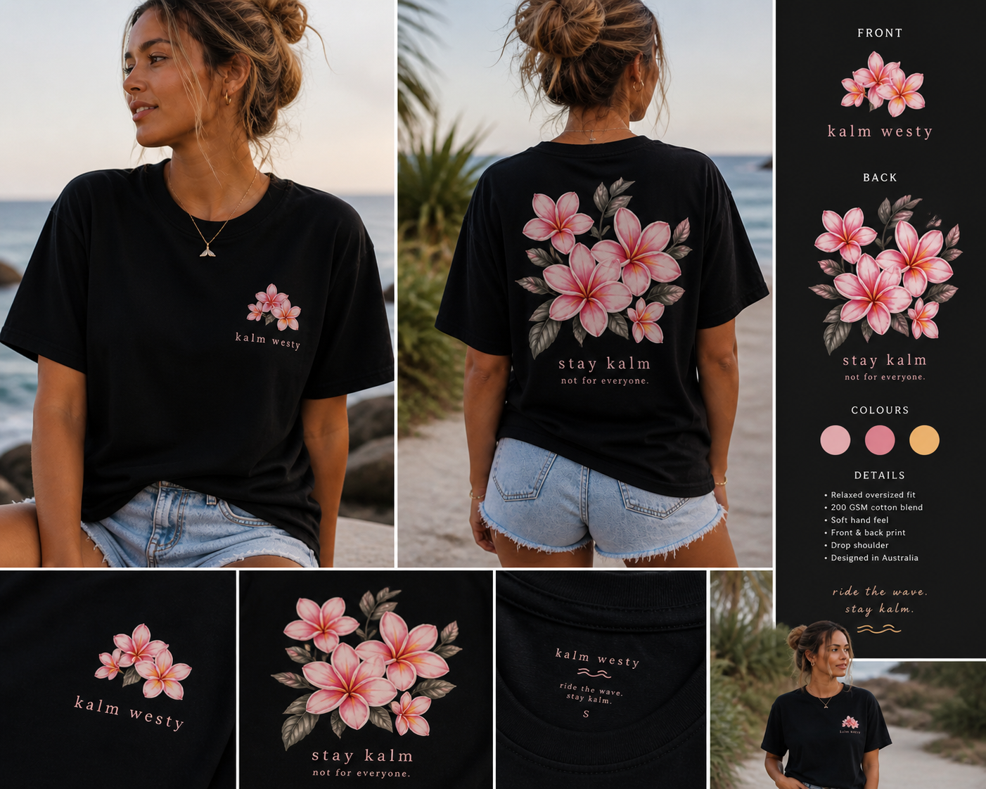 Midnight Frangipani black oversized graphic tee with pink floral prints, Stay Kalm back detail, and coastal lifestyle views.