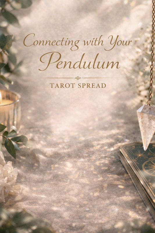 Connecting With Your Pendulum Tarot Spread guide with crystal pendulum, tarot cards, and candle in a soft aesthetic setting.