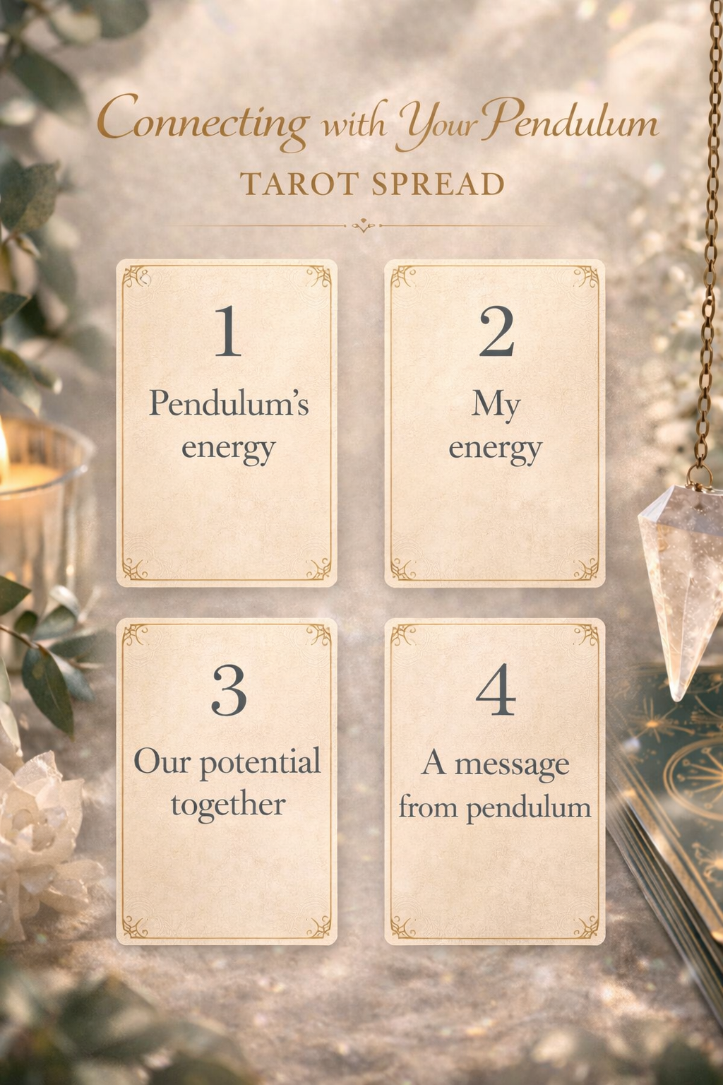 Connecting With Your Pendulum intuitive tarot spread guide showing a 4-card layout for spiritual guidance.