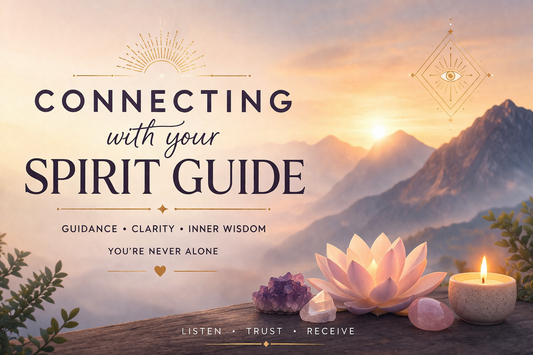 Printable Spirit Guide Tarot Spread featuring a lotus, crystals, and candle against a sunrise mountain background.