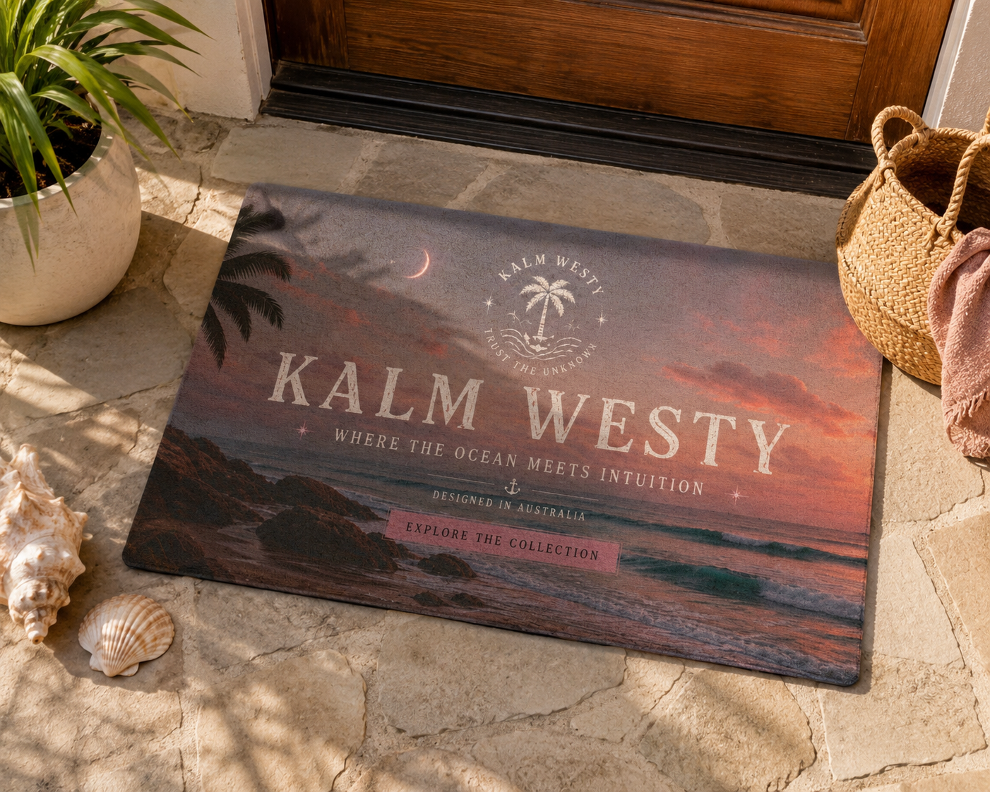 Kalm Westy Polyester Doormat — Coastal Sunset Welcome Mat (Where the Ocean Meets Intuition)