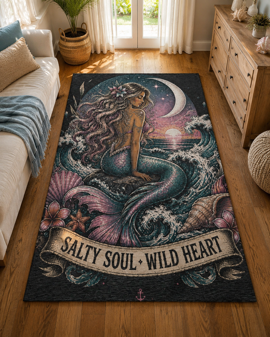Mermaid Area Rug — "Salty Soul • Wild Heart" Nautical Boho Floor Mat