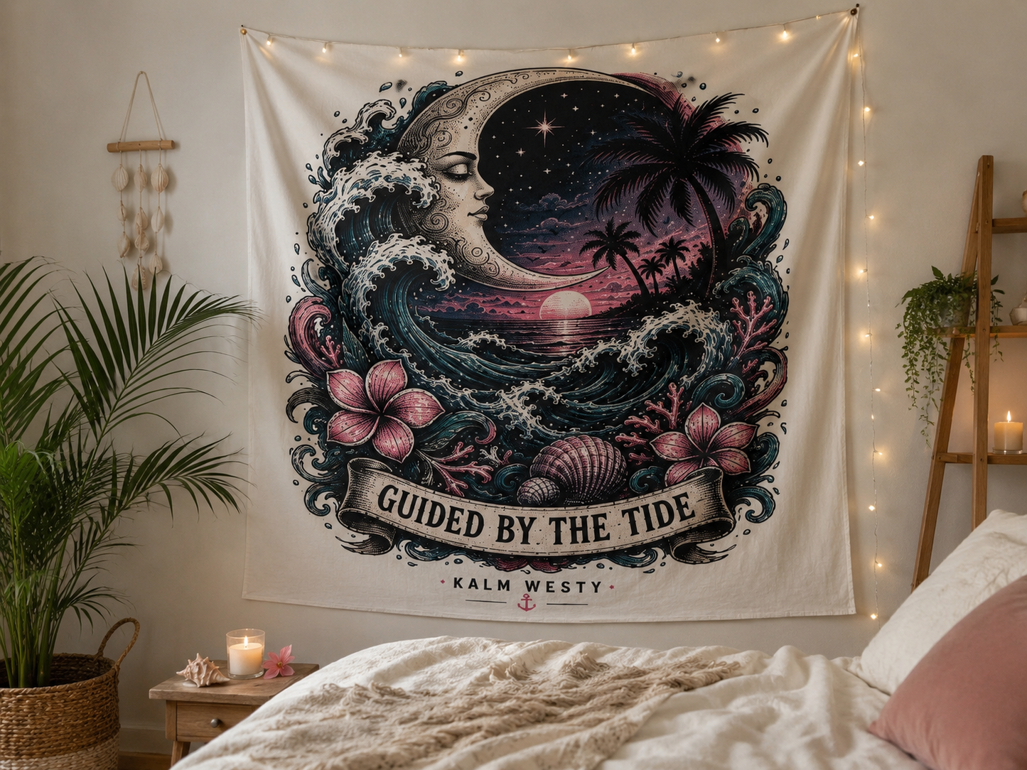 Wall Tapestry — "Guided by the Tide" Moonlit Beach Ocean Scene