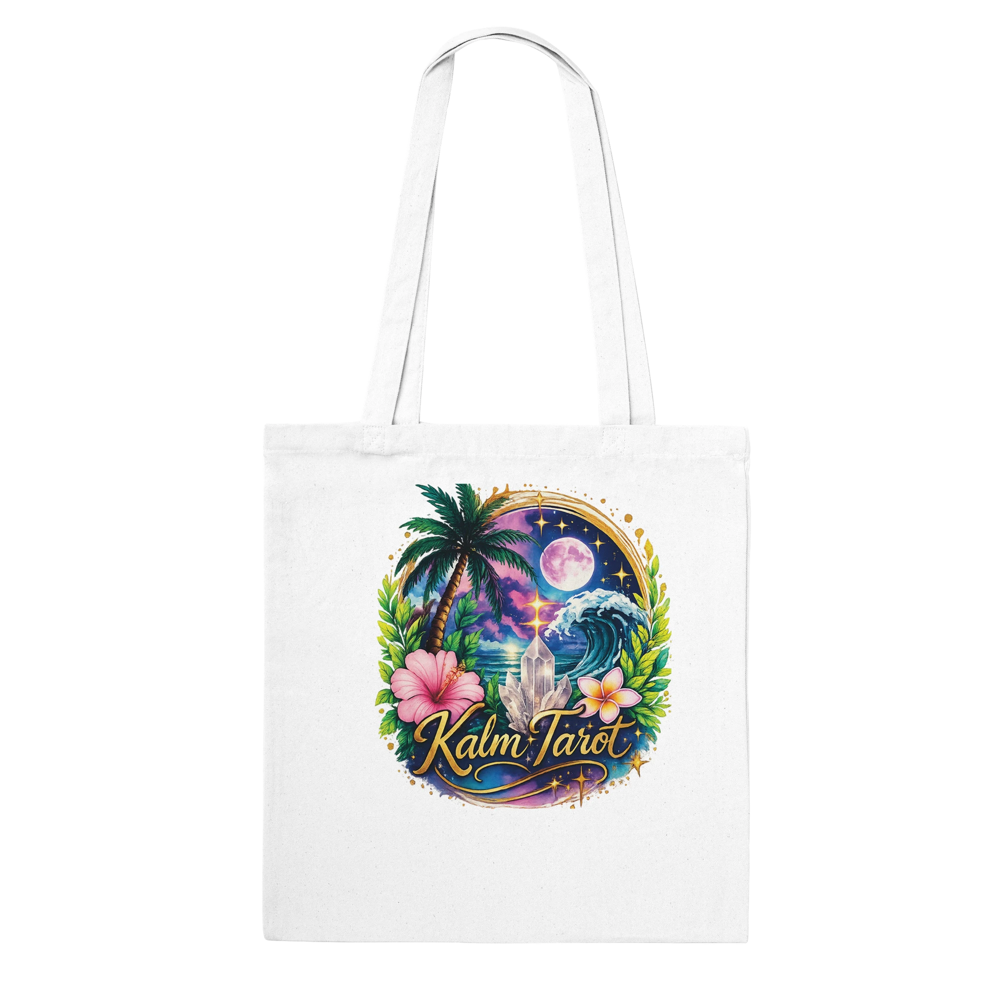 Kalm Tarot white cotton tote bag with tropical graphic featuring a moon, palm tree, and reinforced handles.