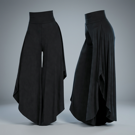 Front and side views of the Kalm Tarot Flow Pants, black high-waisted wide-leg boho beach pants with flowing drape.