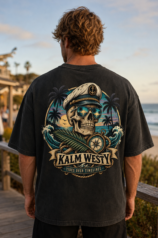 Oversized faded t-shirt "Tides Over Timelines"