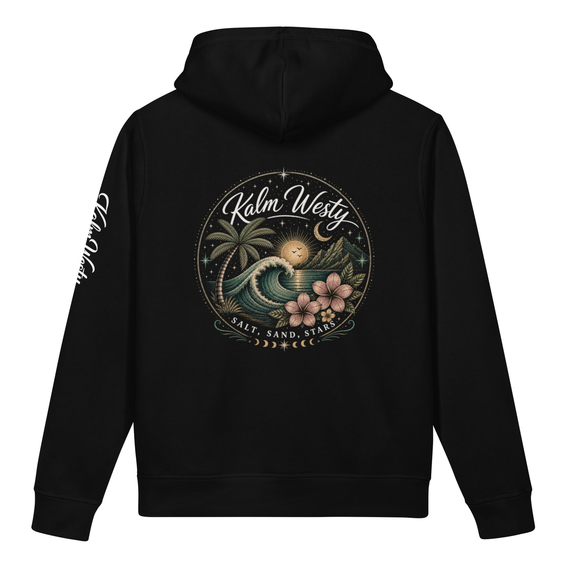 Back view of black unisex organic cotton hoodie with 'Kalm Westy' coastal graphic and salt, sand, stars detail.