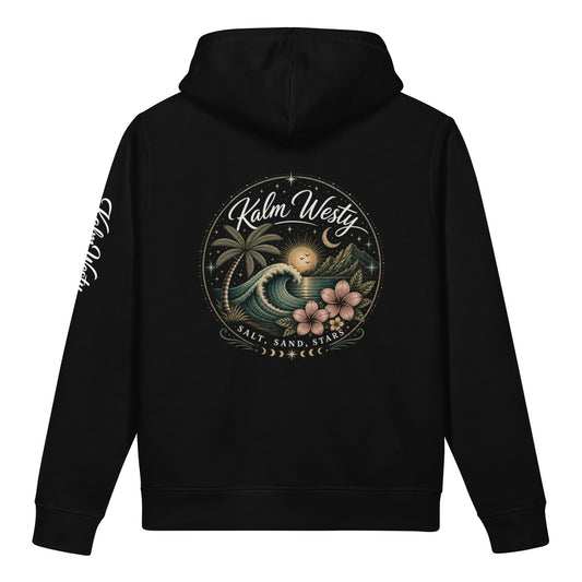 Back view of black unisex organic cotton hoodie with 'Kalm Westy' coastal graphic and salt, sand, stars detail.