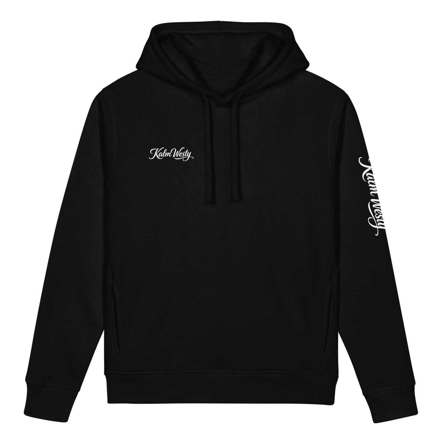Black organic cotton unisex hoodie with side pockets, featuring white Kalm Westy chest and sleeve branding.