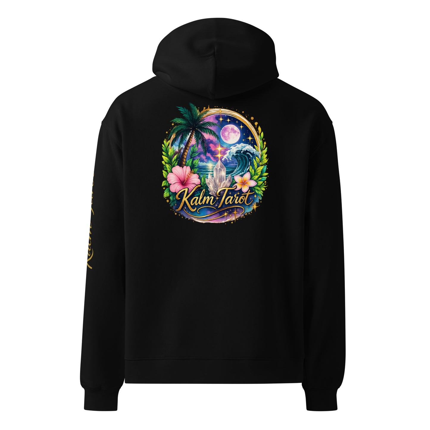 Back view of black Kalm Tarot oversized hoodie with mystic moon, hibiscus, and crystal graphic on cotton fleece fabric.