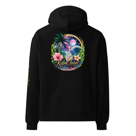 Back view of black Kalm Tarot oversized hoodie with mystic moon, hibiscus, and crystal graphic on cotton fleece fabric.