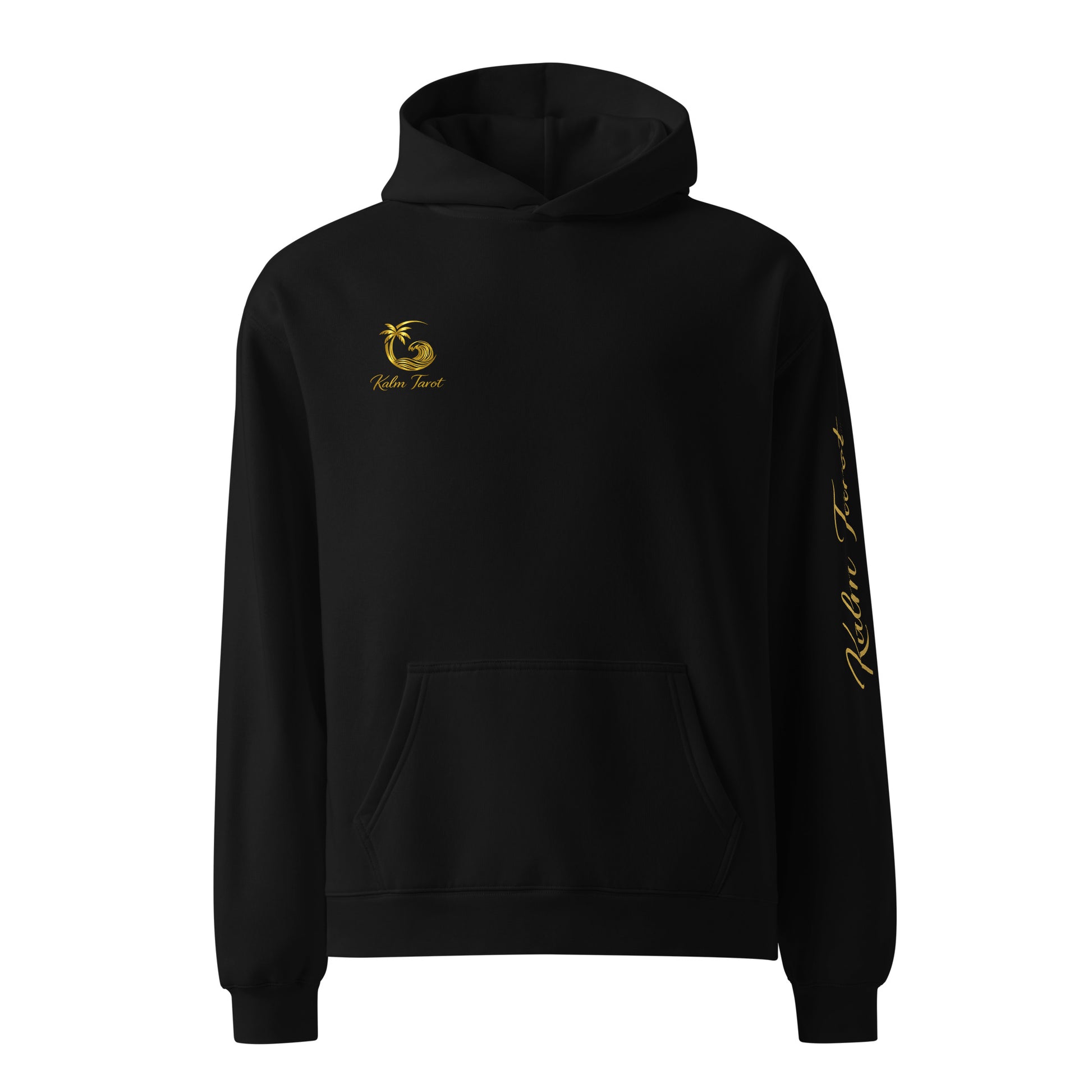 Front of black oversized Kalm Tarot hoodie with golden moon palm logo and sleeve graphic on white background.