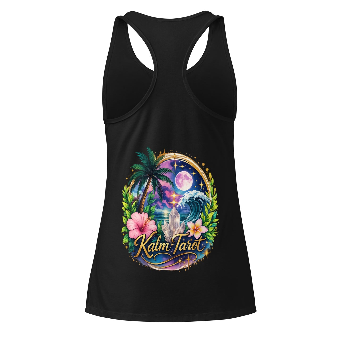 Back view of a black Kalm Tarot racerback tank top featuring a tropical moon and crystal graphic for activewear.
