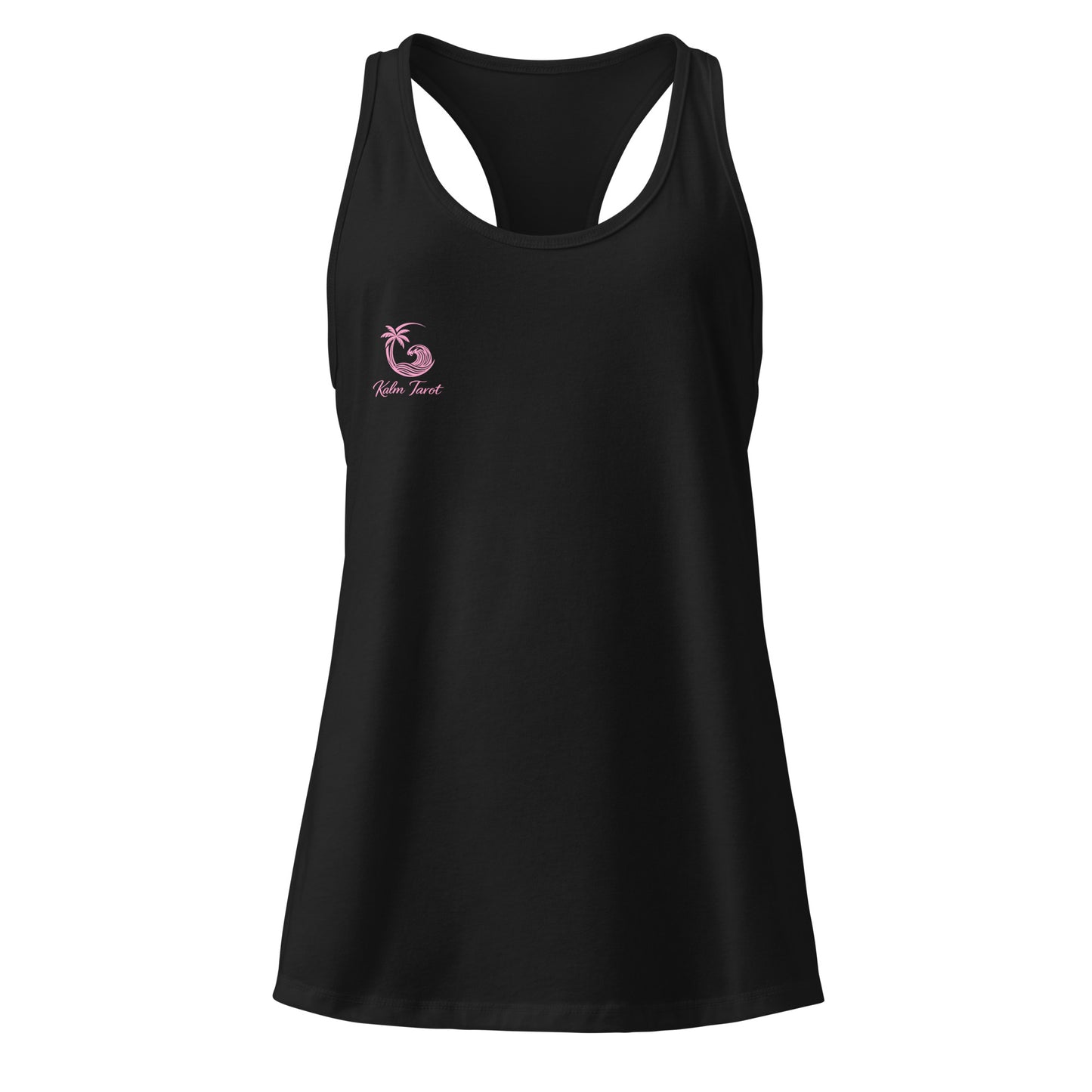 Black fitted racerback tank top for women with a pink Kalm Tarot logo on the left chest, cotton jersey activewear.